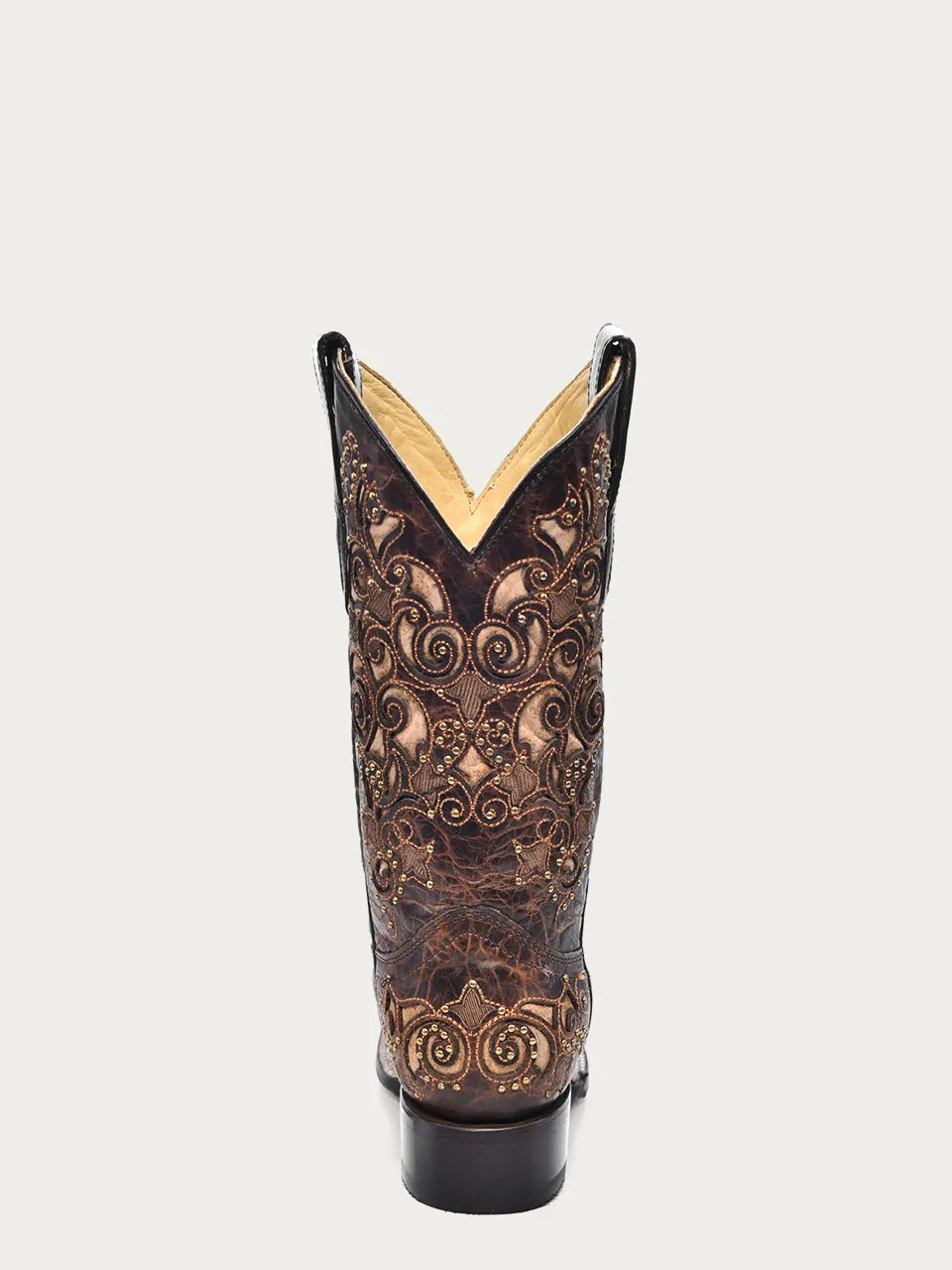 A3326 - WOMEN'S TAN INLAY EMBROIDERY AND STUDS BROWN SQUARE TOE COWBOY BOOT