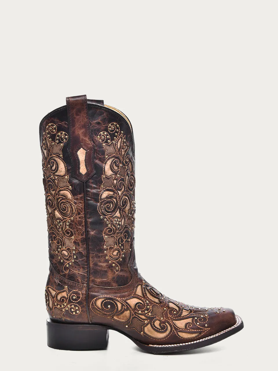 A3326 - WOMEN'S TAN INLAY EMBROIDERY AND STUDS BROWN SQUARE TOE COWBOY BOOT