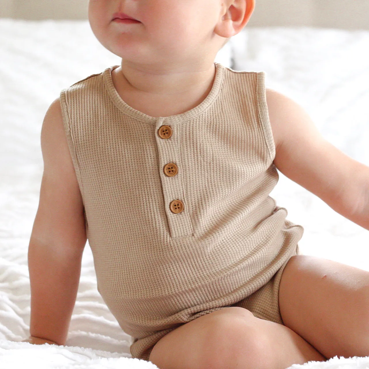 Alfie Waffle Romper - Biscuit