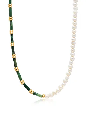 Beaded Necklace with Freshwater Pearls and Green Jade