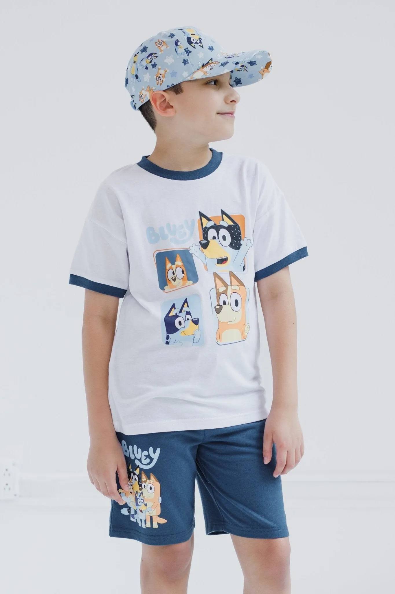 Bluey Drop Shoulder T-Shirt French Terry Shorts and Adjustable Snapback Baseball Cap 3 Piece Outfit Set