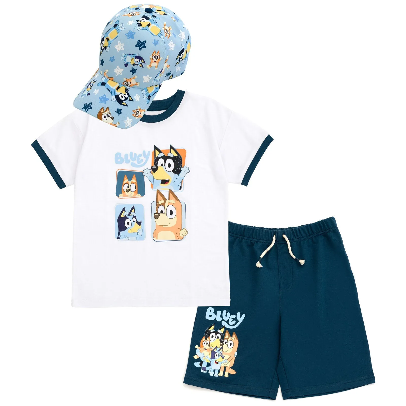 Bluey Drop Shoulder T-Shirt French Terry Shorts and Adjustable Snapback Baseball Cap 3 Piece Outfit Set