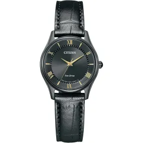 CITIZEN COLLECTION ECO-DRIVE ANALOG ALL BLACK LEATHER STRAP LADIES WATCH EM0406-12E