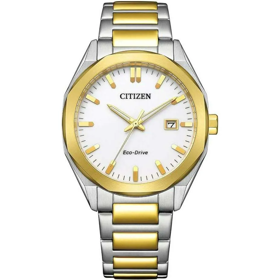 CITIZEN COLLECTION ECO-DRIVE SOLAR OCTAGON SHAPE SILVER & GOLD STRAP MEN WATCH BM7624-82A