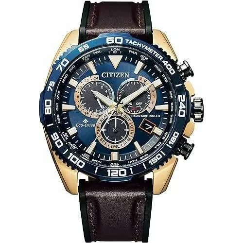 CITIZEN PROMASTER ANALOG CHRONOGRAPH RADIO BROWN STRAP BLUE DIAL MEN WATCH CB5039-11L