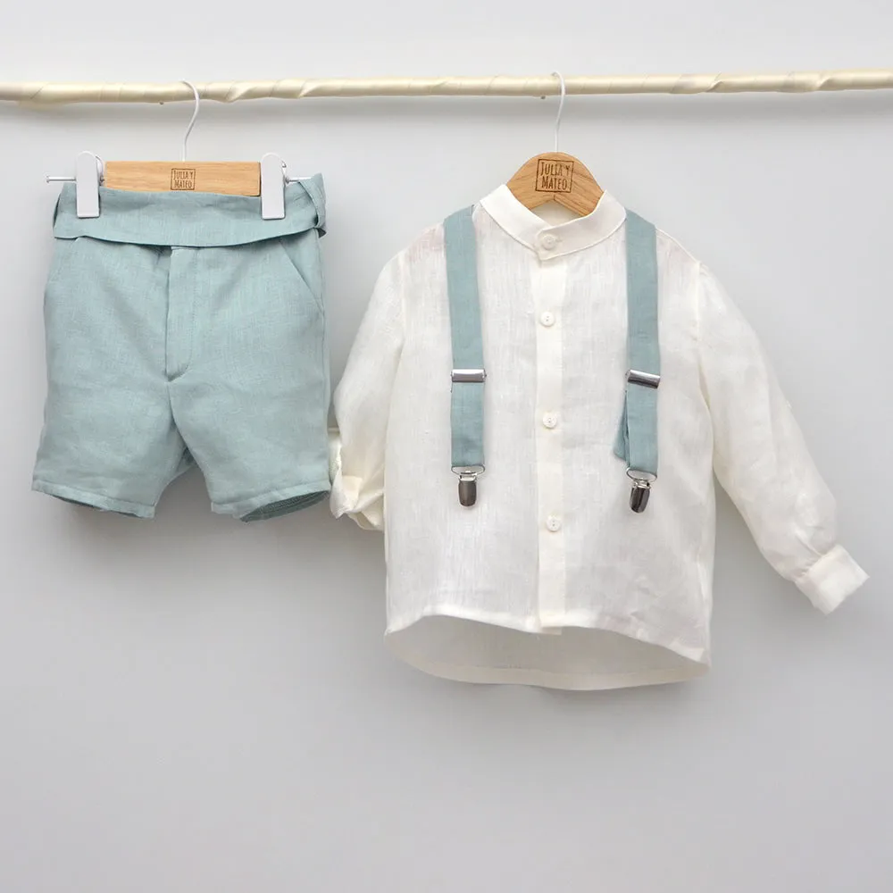 Conjunto lino Beatriz con camisa cuello Mao, tirantes, pantalón con Fajín y pajarita