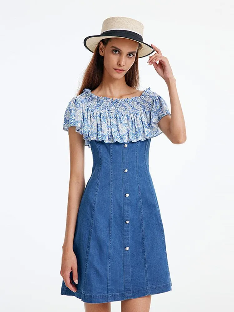 Denim Dress With Patchwork Floral