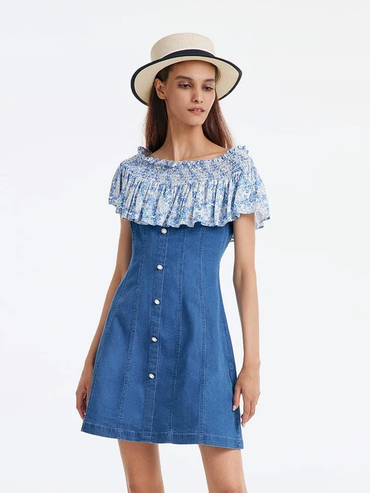 Denim Dress With Patchwork Floral