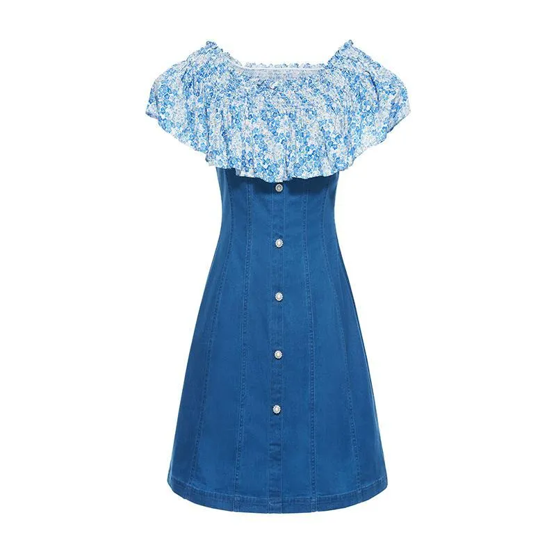 Denim Dress With Patchwork Floral