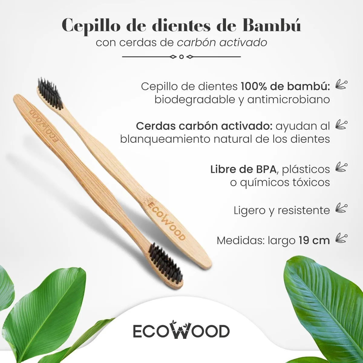 Ecowood Cepillo De Dientes De Bambú Cerdas Carbón Activado 5 Piezas