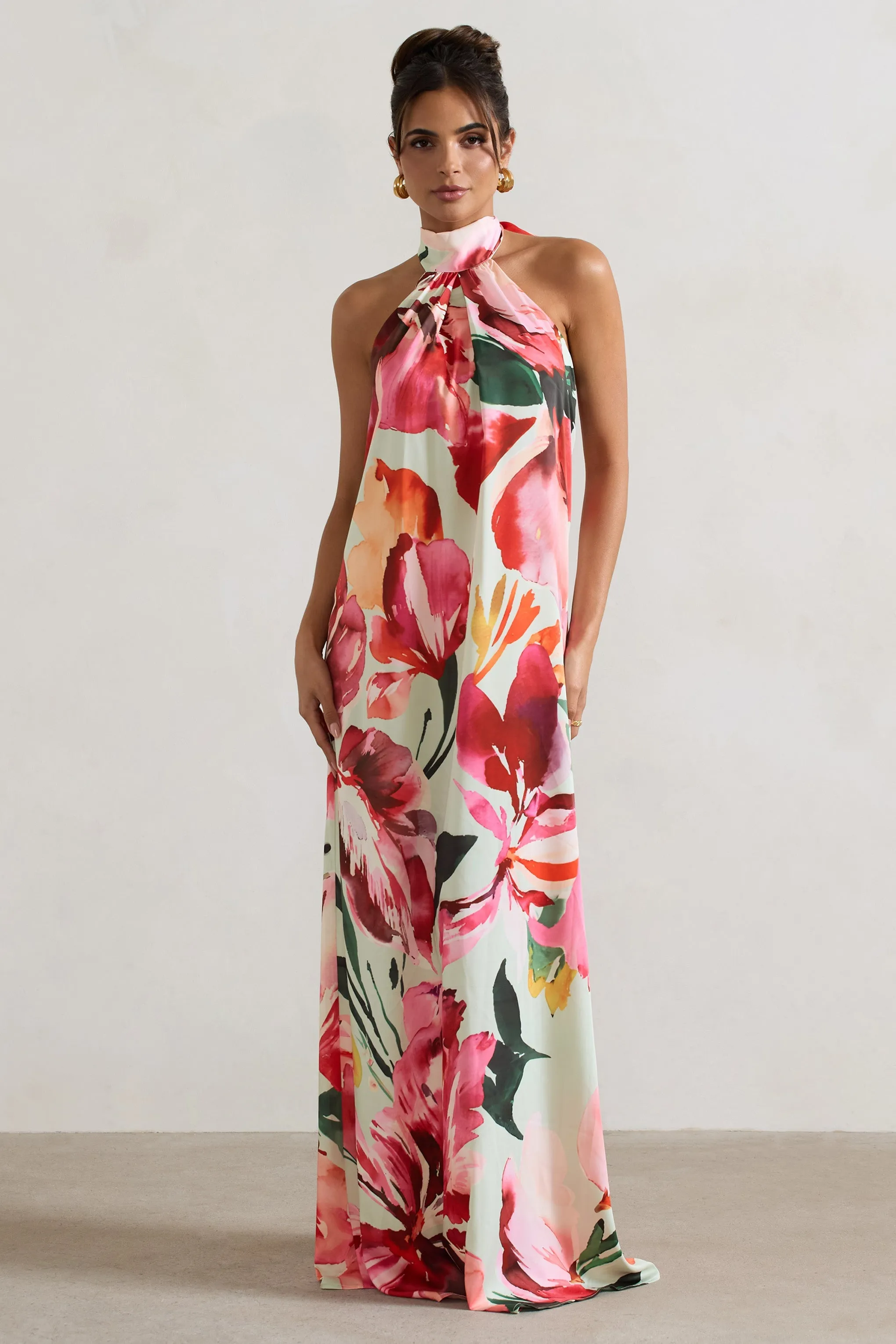 Gloriana | Robe longue imprimé floral en satin avec col montant