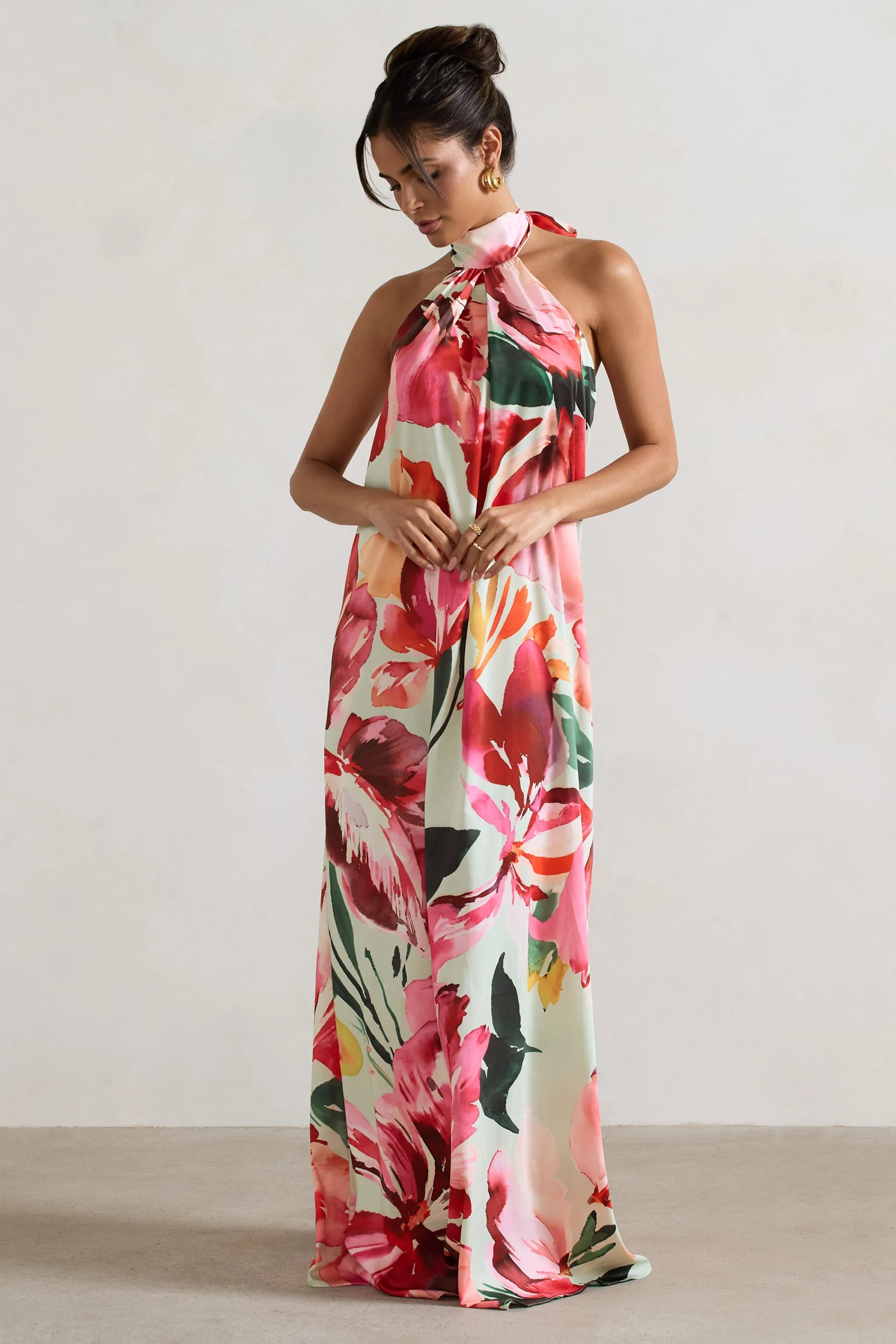 Gloriana | Robe longue imprimé floral en satin avec col montant