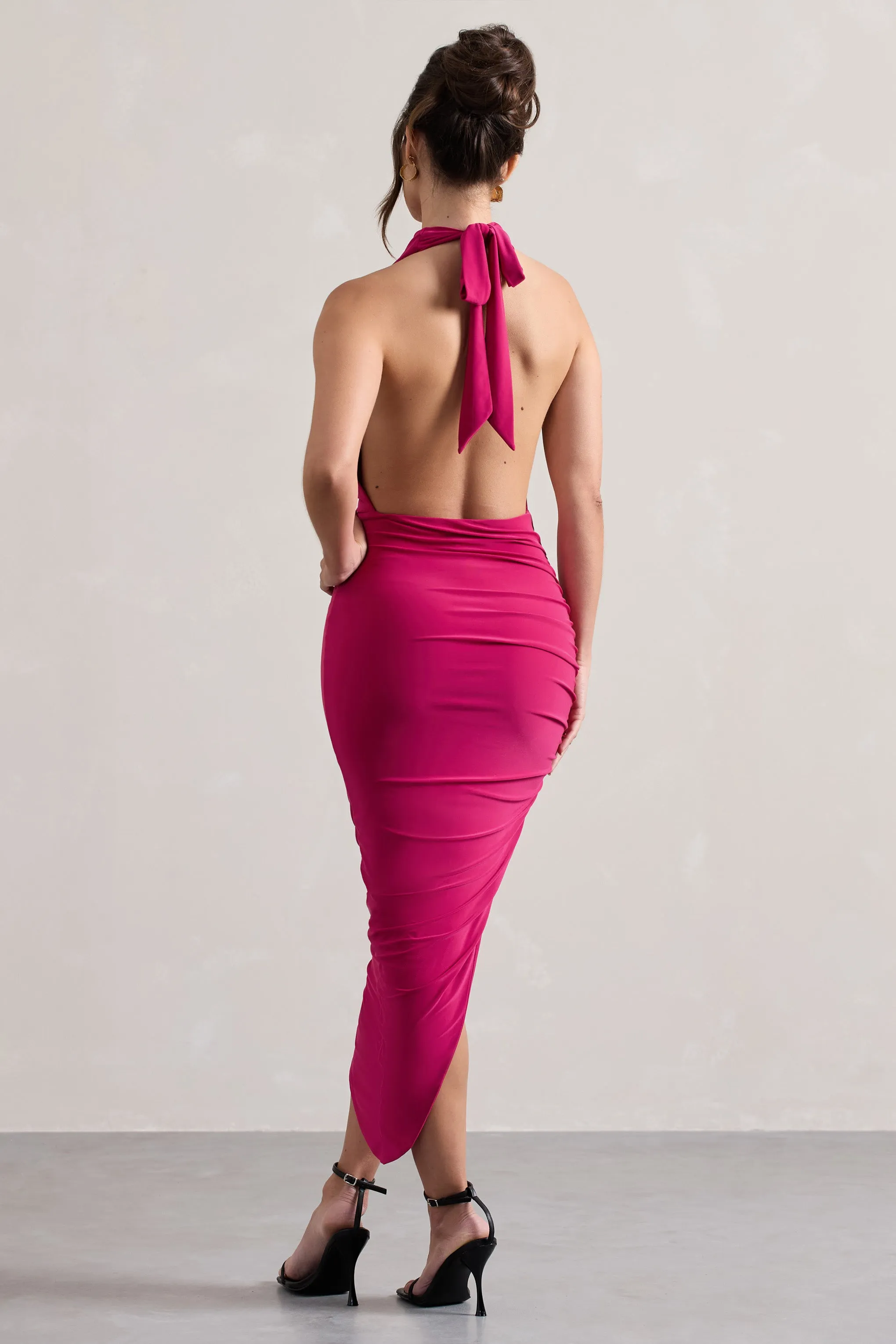 Hayley | Robe longue rose asymétrique avec col à nouer