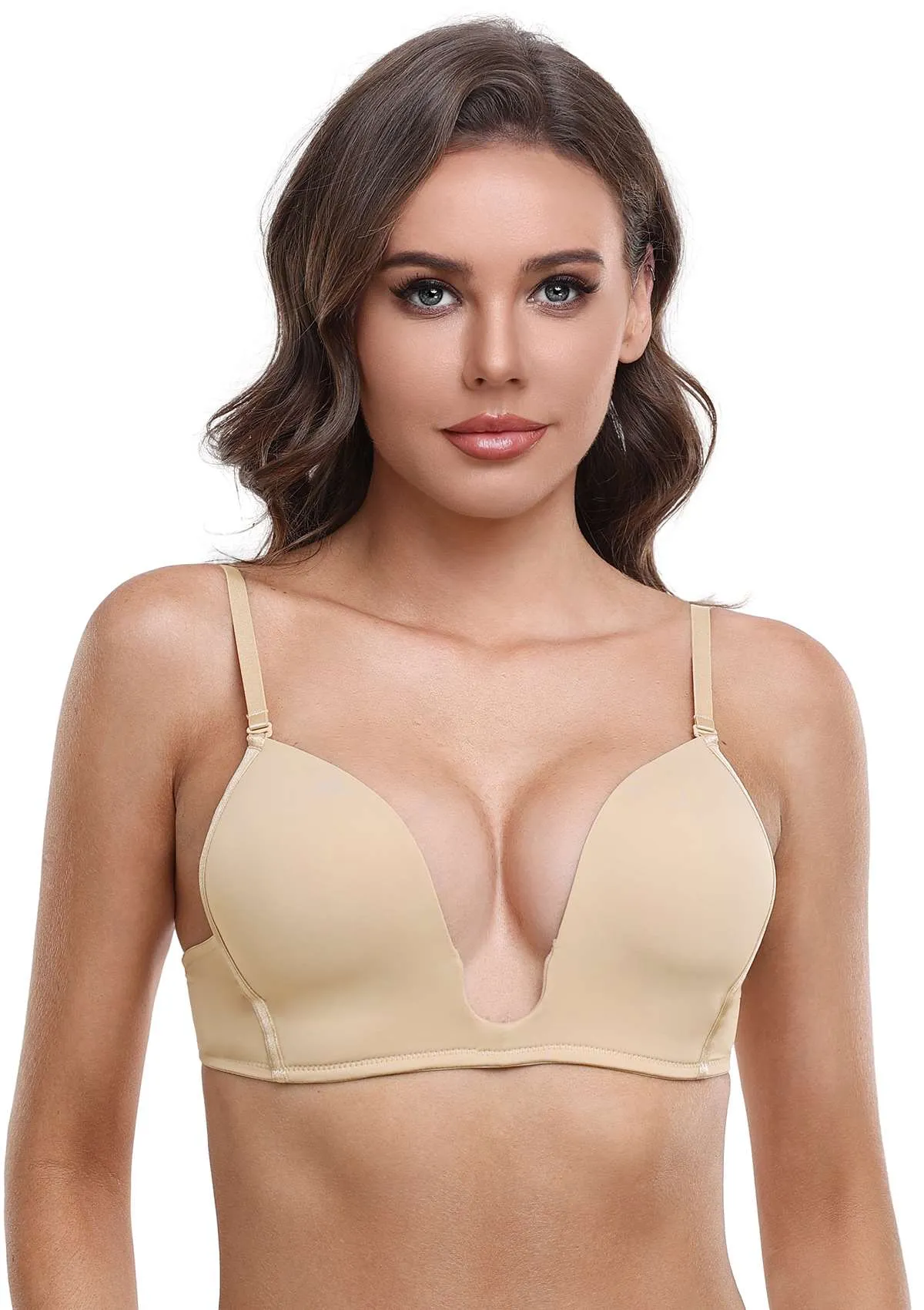 HSIA Deep U Plunge Push Up Low Back Wireless Bra