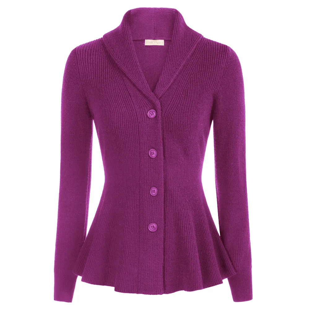 Peplum Hem Long Sleeve Shawl Lapel Button-up Knitwear