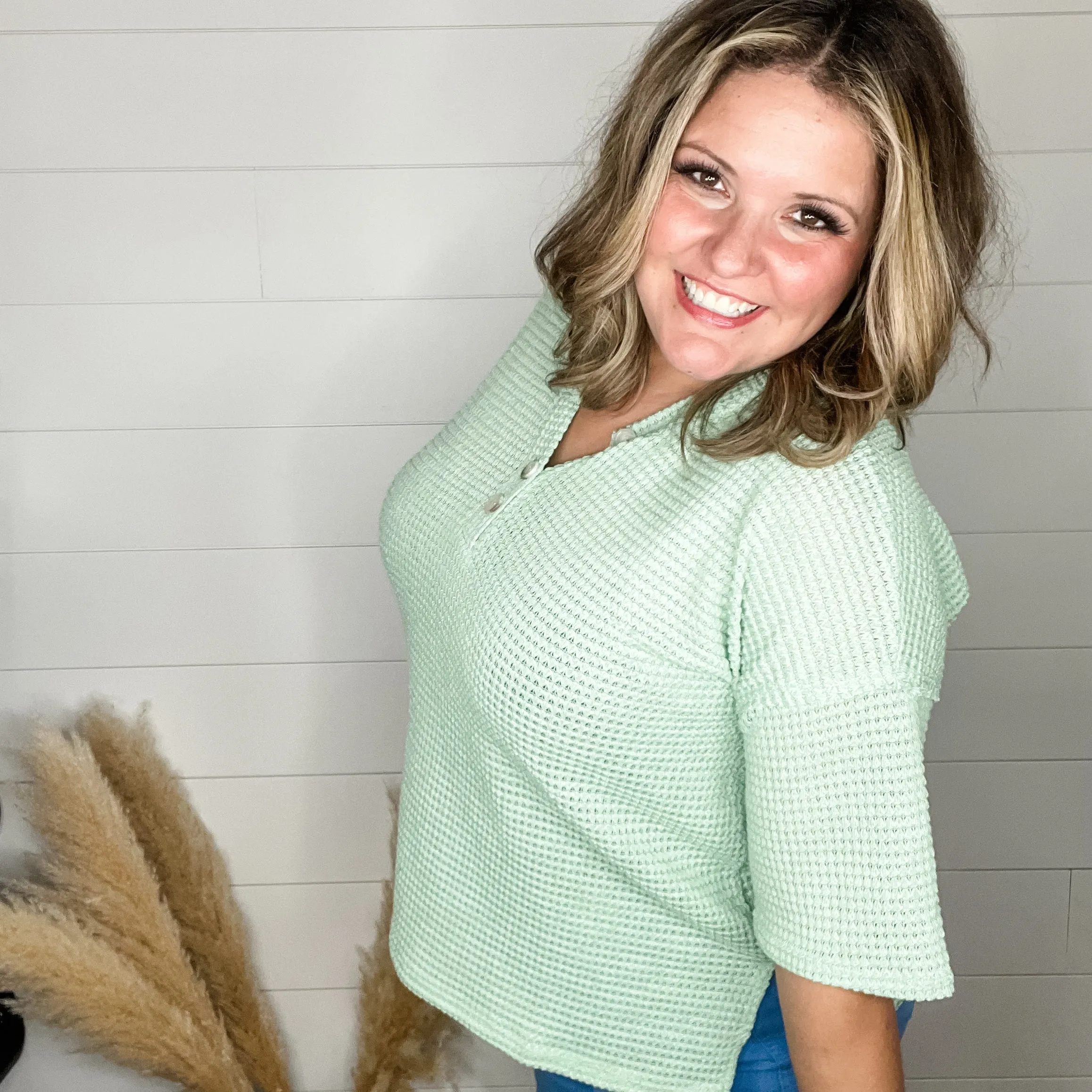 "Honey Bee" Short Sleeve Faux Button Detail Waffle Texture Tops (Sage)