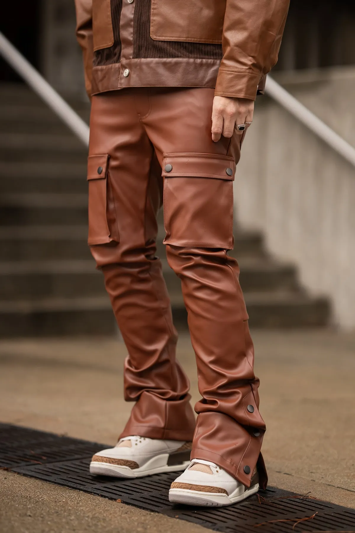 Skinny Stacked Pants Cargo Pockets Flare Fit Brown Leather Pants