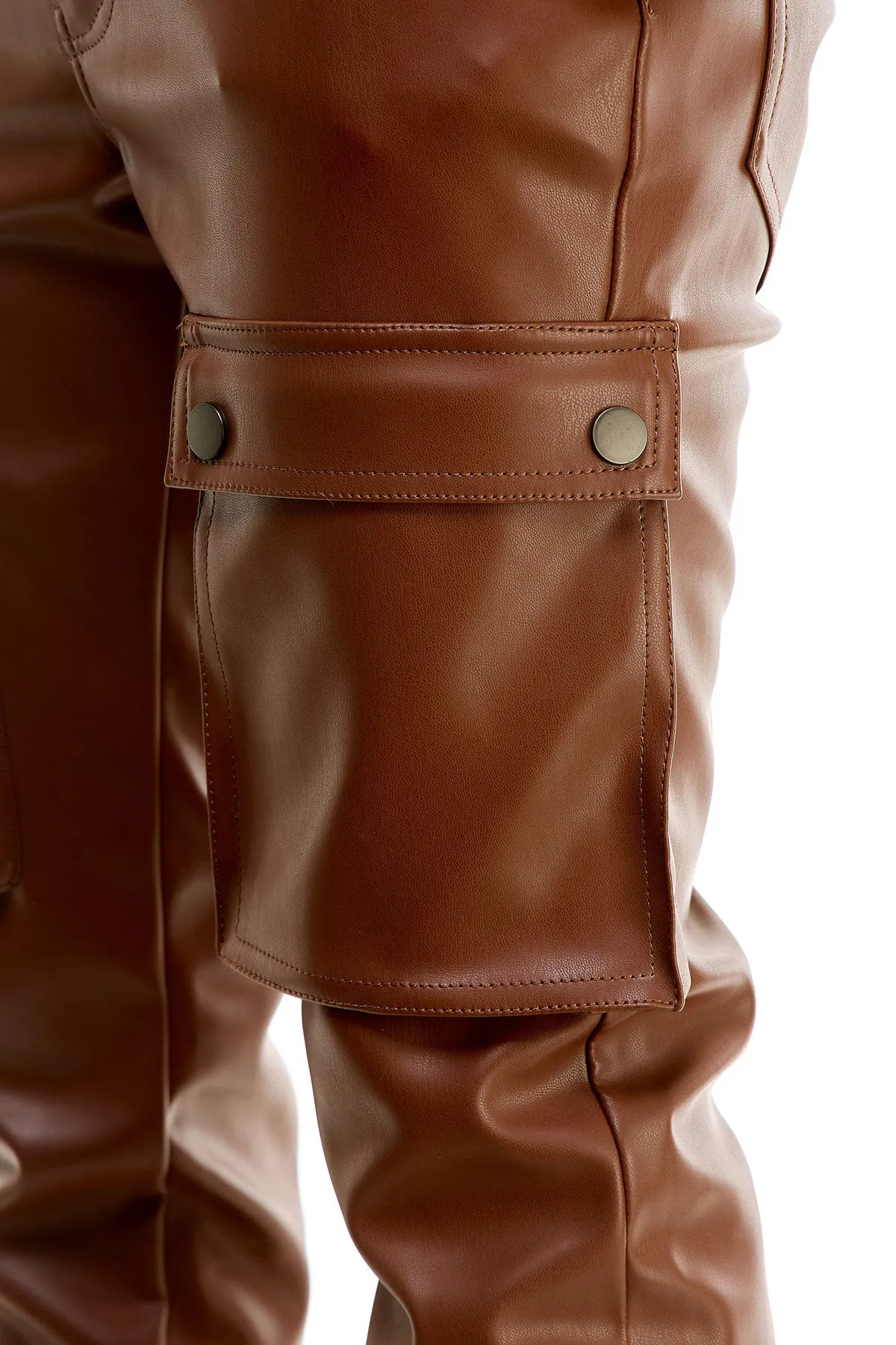 Skinny Stacked Pants Cargo Pockets Flare Fit Brown Leather Pants