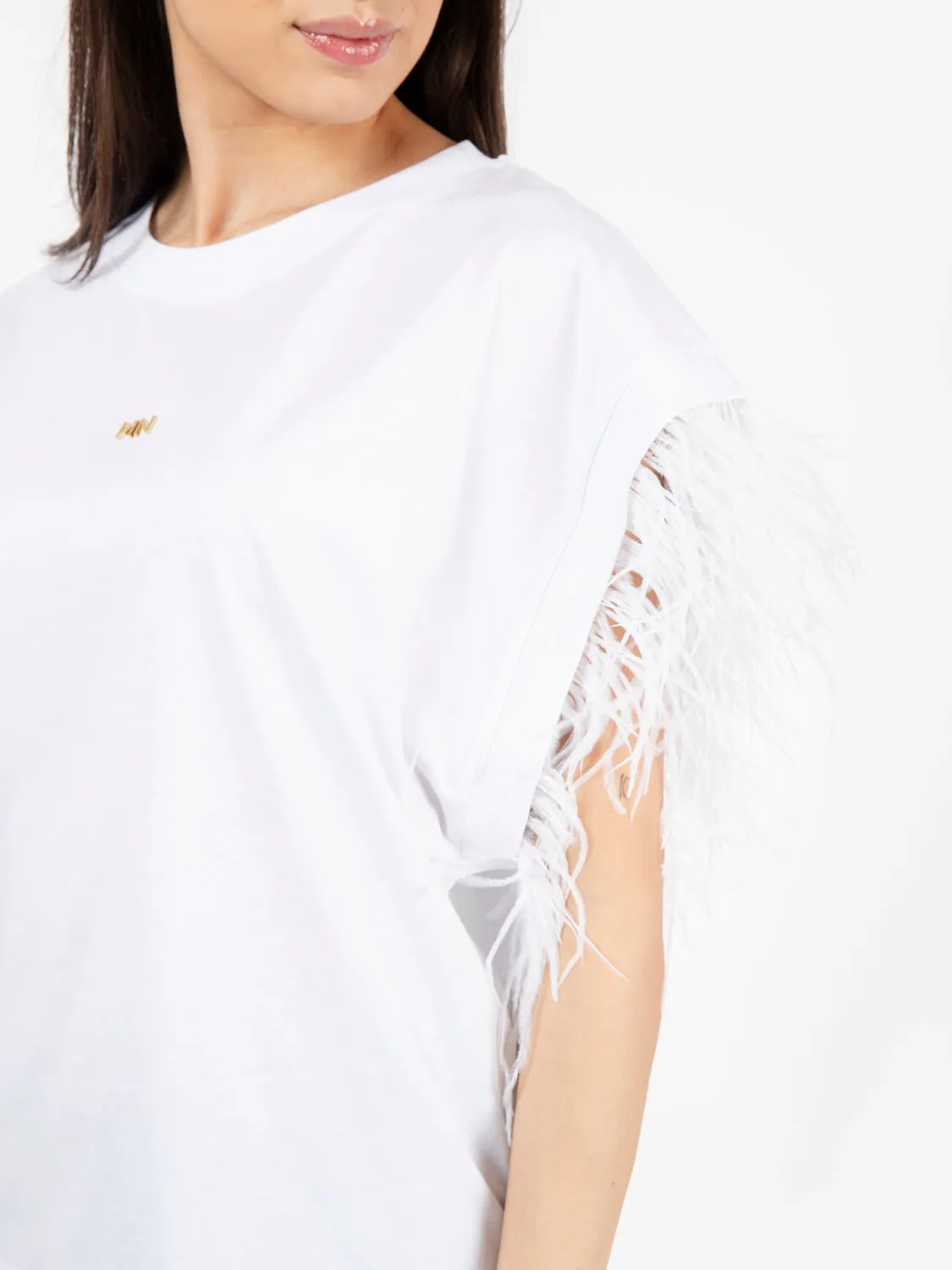 T-shirt jersey con logo e piume bianco