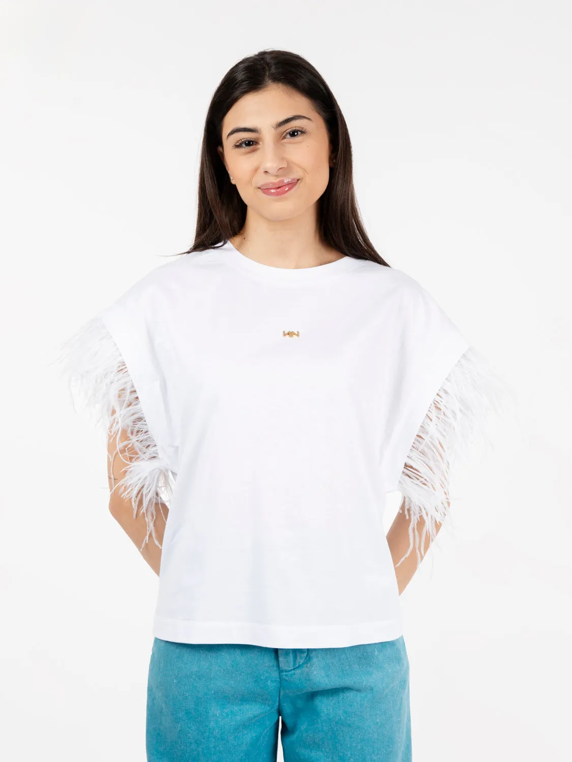 T-shirt jersey con logo e piume bianco