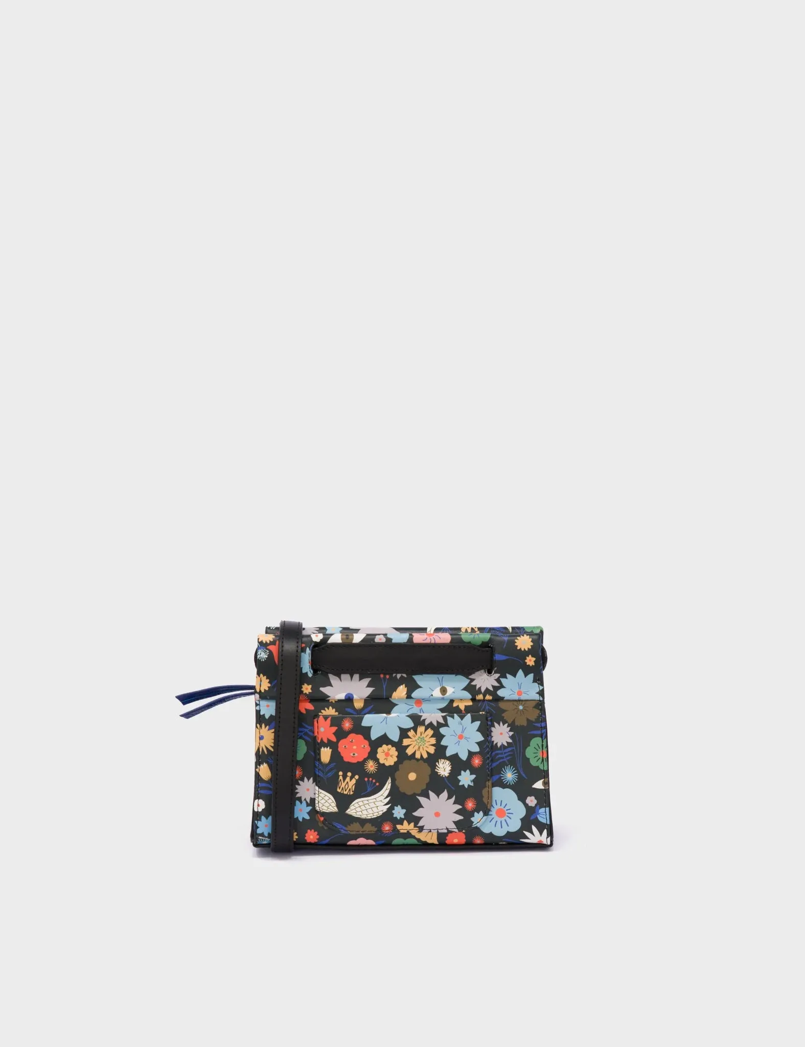 Vali Crossbody Micro Black Leather Bag - Flowers Print