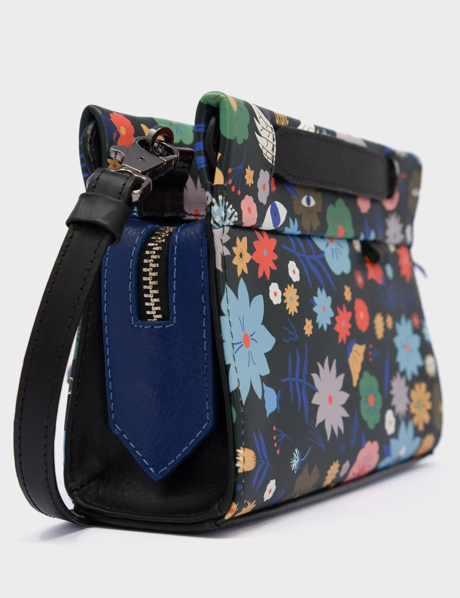 Vali Crossbody Micro Black Leather Bag - Flowers Print