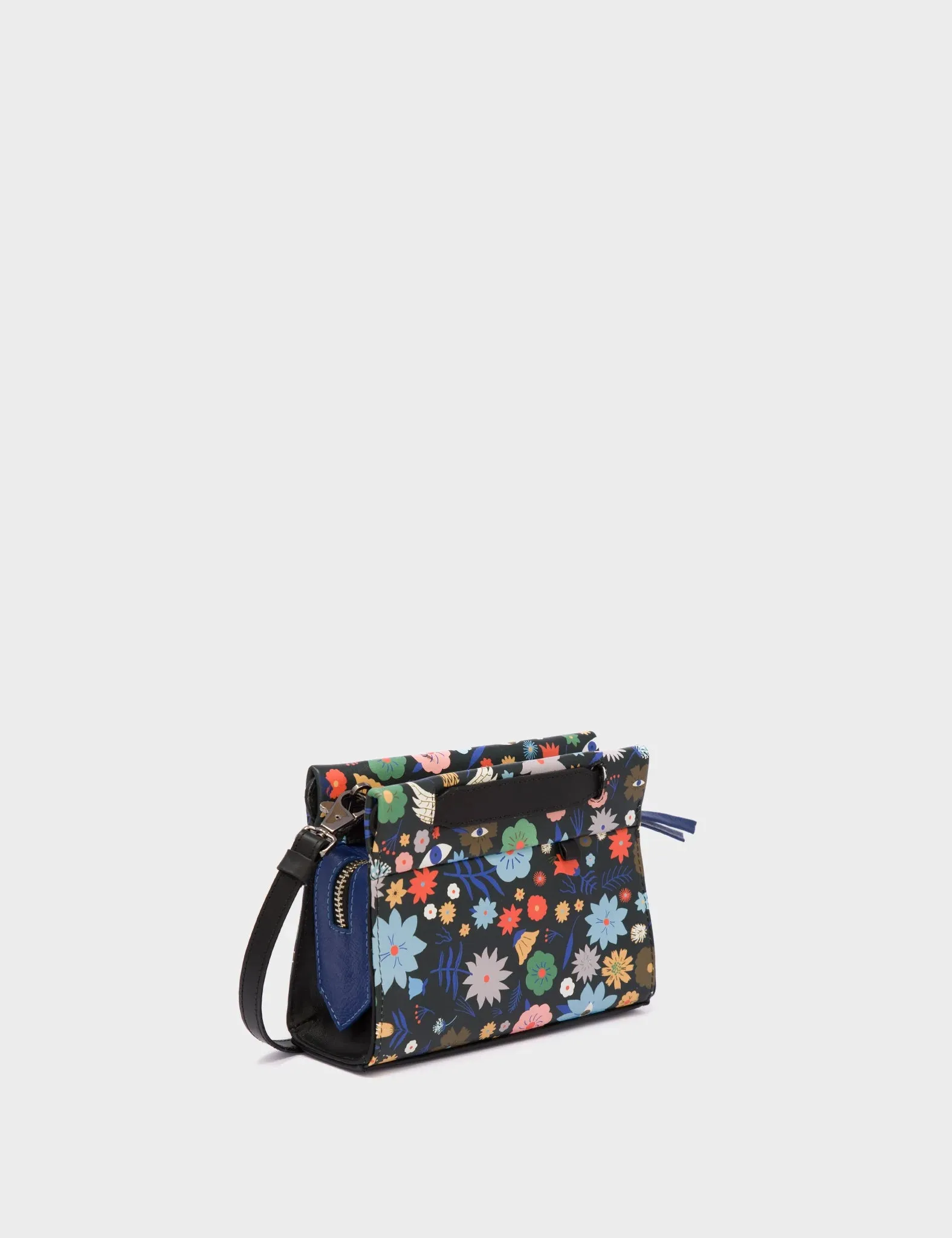 Vali Crossbody Micro Black Leather Bag - Flowers Print