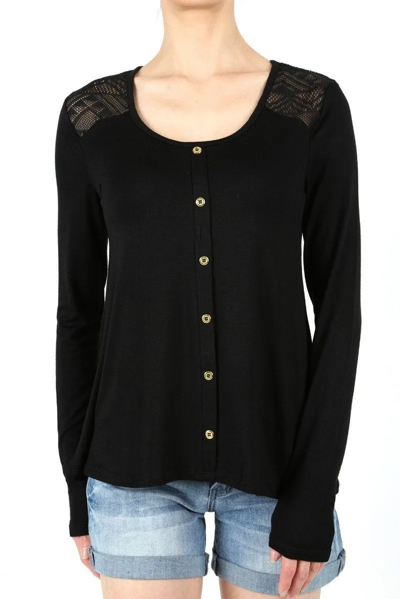 Womens Lace Trim Top Long Sleeve Shirt Solid Black Sizes S/M/L