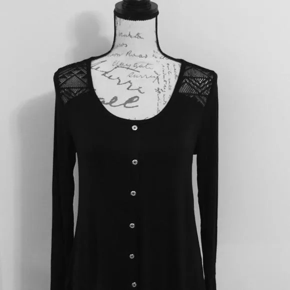 Womens Lace Trim Top Long Sleeve Shirt Solid Black Sizes S/M/L